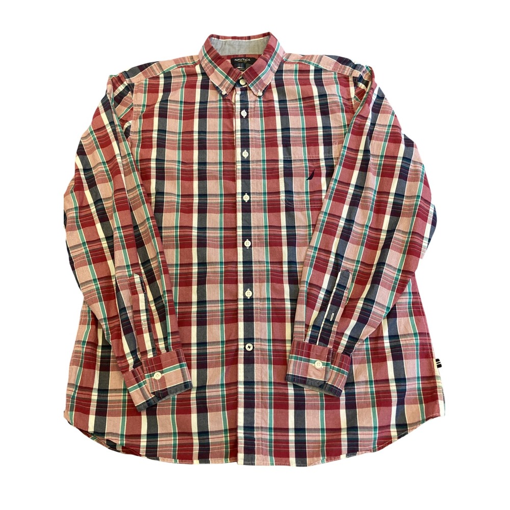 Nautica Mens Classic Fit Plaid Button Down Shirt Red Green Navy Blue Large L